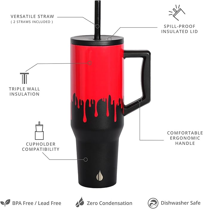 Elemental 40 oz Tumbler with Handle and Straw - Spill Proof Insulated Stainless Steel Commuter for Hot and Cold Beverages - Travel Coffee Mug with 2 Straws & Spill Proof Lid - 40oz - Sanguine Drip