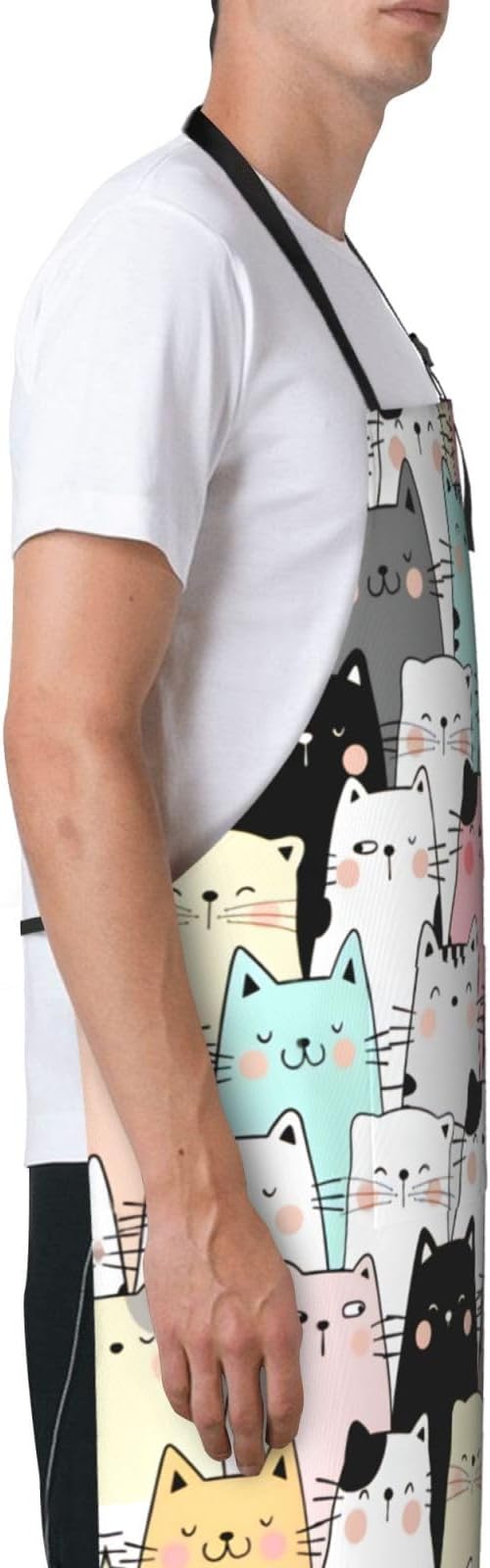 Cute Cat Apron Adjustable with 2 Pockets Cooking Kitchen Aprons for Men Women Outdoors Baking Chef Apron
