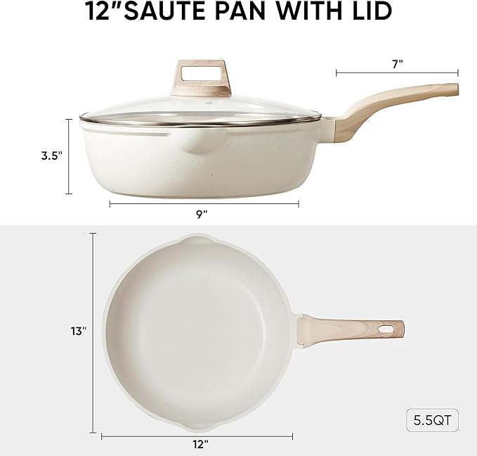 CAROTE 12Inch Nonstick Deep Frying Pan with Lid, 5.5 Qt Jumbo Cooker Saute Pan with Pour Spout, Skillet Induction Cookware, Non Stick Cooking Pan Kitchen Pan PFOA Free, White Granite
