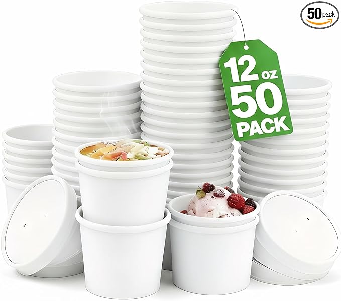 Paper Town Disposable Paper Soup Containers with Vented Lids, White, 12 oz, Round, 50 Count, Compostable Food Storage Container, Ice Cream Cups
