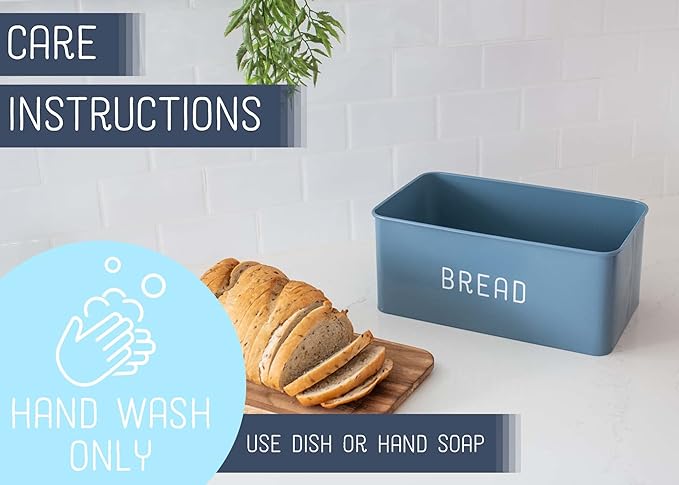 Nat & Jules Matte Blue 12 x 7 Metal Enamel Rubber Wood Lidded Bread Box