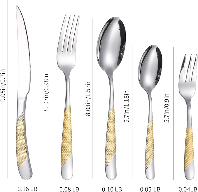 A·HOUSEWARE Hammered Silverware Gold and Silver Flatware Stainless Steel Cutlery Sets for 4 Forks Spoons knives Patten Handle Kitchen Utensils for Restuarant and Home