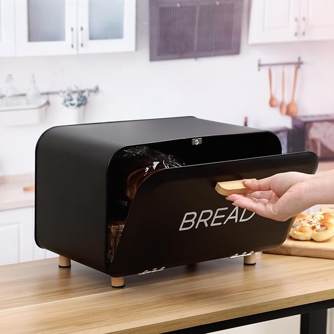 Black Bread Box for Kitchen Countertop - Large Capacity Bread Storage Container Modern Bread Box - Stylish Metal Bread Organizer