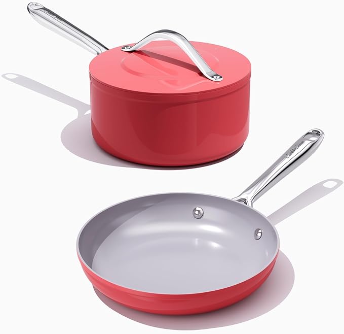 Nonstick Ceramic Frying Pan 10 Inch and Saucepan with Lid 3 qt for Induction Cooktops - Non Toxic, PTFE/PFOA/PFAS Free, Oven & Dishwasher Safe up to 500°F, Fusion Red