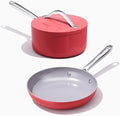Nonstick Ceramic Frying Pan 10 Inch and Saucepan with Lid 3 qt for Induction Cooktops - Non Toxic, PTFE/PFOA/PFAS Free, Oven & Dishwasher Safe up to 500°F, Fusion Red