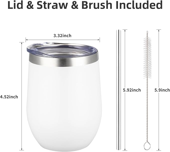 12 oz Insulated Wine Tumbler with Lid and Straw,Stainless Steel Stemless Wine Tumbler Glasses Double Wall Vacuum Wine Cups Tumbler for Coffee,Champaign,Cocktail,Office (White,1)