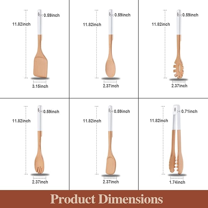 Wooden Spoons For Cooking, 6 PCS Natural Beech Wooden Cooking Utensils, Smooth Grip Wood Cooking Spoons with Hanging Hole, Non-Stick Wooden Utensil Set for Kitchen Essentials, White