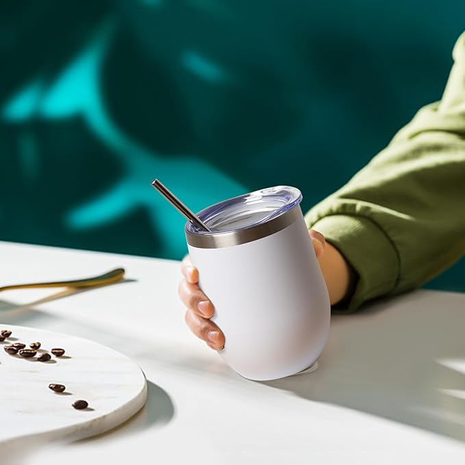 12 oz Insulated Wine Tumbler with Lid and Straw,Stainless Steel Stemless Wine Tumbler Glasses Double Wall Vacuum Wine Cups Tumbler Bulk for Coffee,Cocktail,Office (White,4)