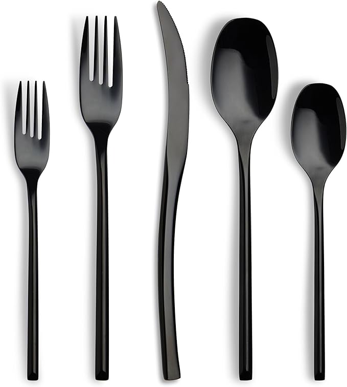 Lemeya 40-Piece Black Silverware Set for 8,Modern 18/10 Stainless Steel Flatware Set,Luxury Cutlery Set,Unique Utensils Set for Restaurant,Spoons and Forks Set,Mirror Polished,Dishwasher Safe