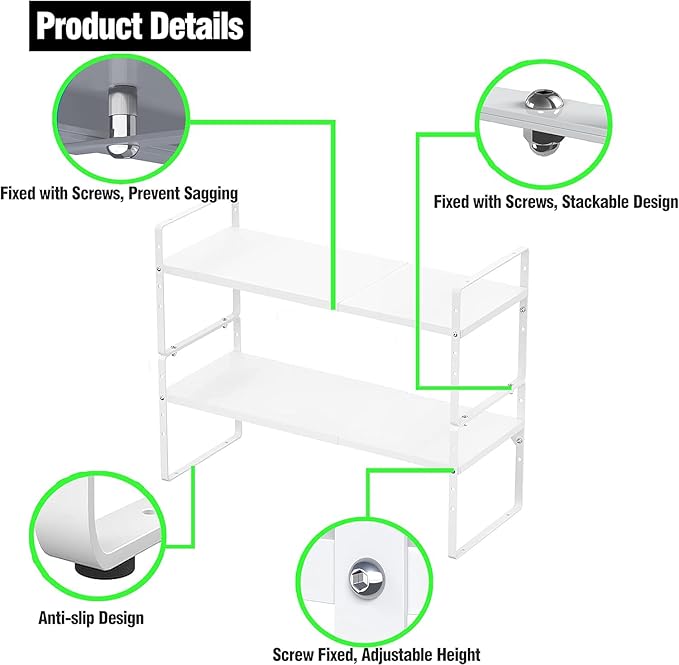‎Expandable Kitchen Cabinet Storage Shelf, Stackable Metal Pantry Storage Shelves Organizer, Adjustable Height Counter Spice Rack for Kitchen Cabinet (White - 16.5"-27" L x 10.2" W x 9.6" H - 3Pack)