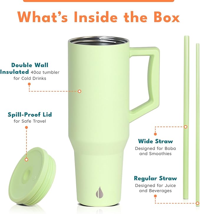 Elemental 40 oz Tumbler with Handle and Straw - Spill Proof Insulated Stainless Steel Commuter for Hot and Cold Beverages - Travel Coffee Mug with 2 Straws & Spill Proof Lid - 40oz - Key Lime