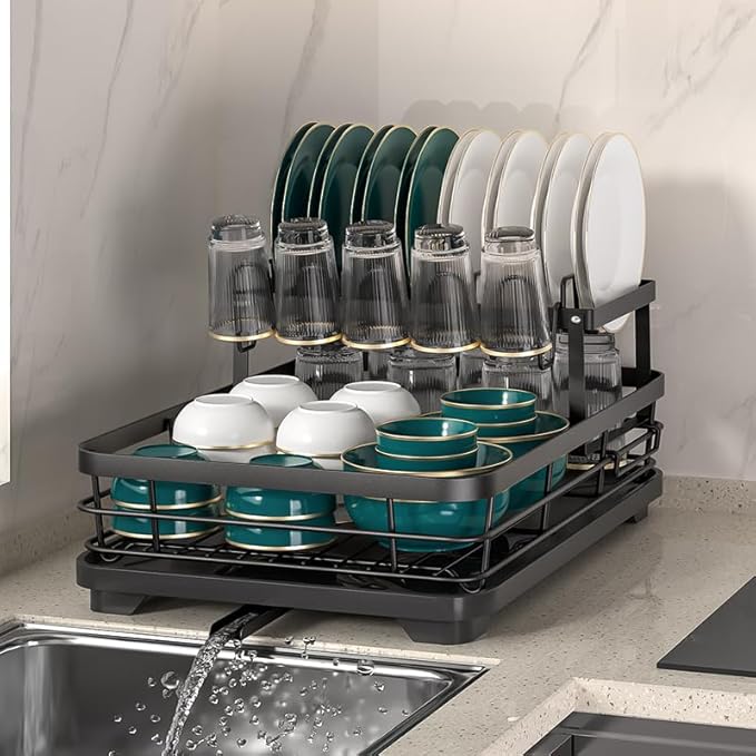 2-Tier Large Dish Drying Rack, Black Kitchen Counter Organizer with Detachable Design, Utensil Holder, Drainer for Plates, Bowls and Glassware