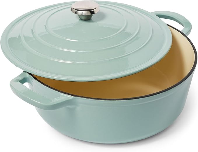 Sur La Table 7-Qt Enameled Cast Iron Dutch Oven – With Lid for Braising, Baking & Deep Frying, Induction Compatible, Oven to 500°F, Seals in Moisture for Flavorful Results, Light Teal