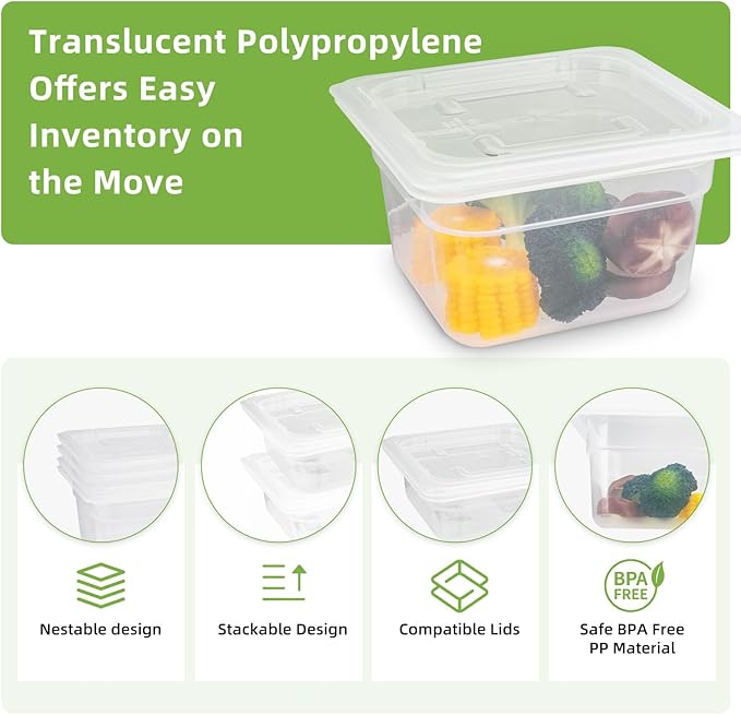 6-Pack Food Pan with Lids, 1/6 Size Food Storage Containers for homes, schools, restaurants, hotels Meal Prep, -40℉-160℉, Stackable, Freezer-Safe (1/6 size 4 inch deep, 1.53L/1.62QT)