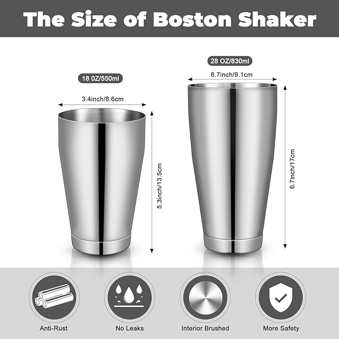 Dandat Cocktail Shaker, Professional Boston Cocktail Shaker Set, Stainless Steel Martini Drink Shakers Bartending, 18 Oz & 28 Oz Bar Shake Mixer Tin Tools for Bartender Cocktails(Silver,8 Pcs)