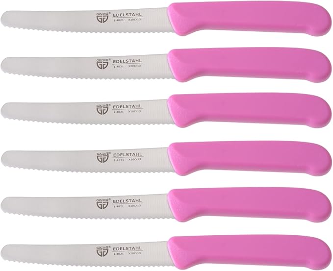 GRWE Table Knife Set - 6 Pieces, 8.3 Inch Bread Knives With Serrated Edge on One Side for Cutting and Breakfast - Pink