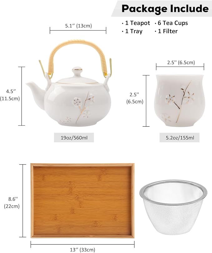 Dujust Japanese Tea Set, White Porcelain Tea Set with 1 Teapot Set, 6 Tea Cups, 1 Tea Tray, 1 Stainless Infuser, Cute Asian Tea Sets for Adults/Tea Lover/Women/Men (Plum in Golden)