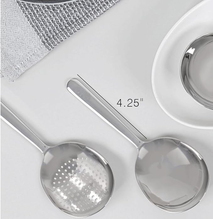 Skimmer & Ladle Set, Korean Style Serving Ladles, 1x Serving Ladle Spoon, 1 x Skimmer with hole, Stainler, 18/10 Stainless Steel, 7Inch Length, Silver, Korean Mukbang, Ramen
