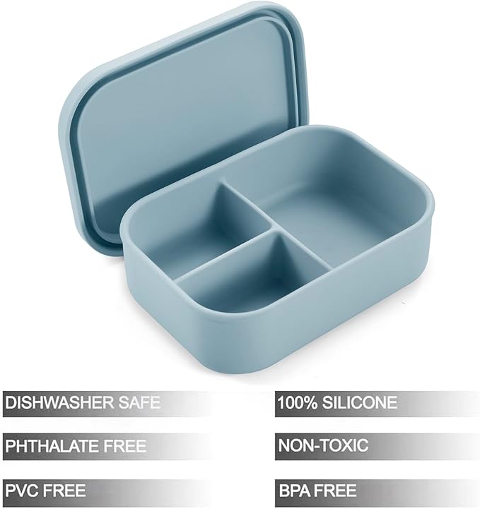 PandaEar Silicone Bento Lunch Box for Toddlers Kids, 3 Compartments, Leak-Proof & BPA-Free Lunch Container, Microwave & Dishwasher Safe (Blue)