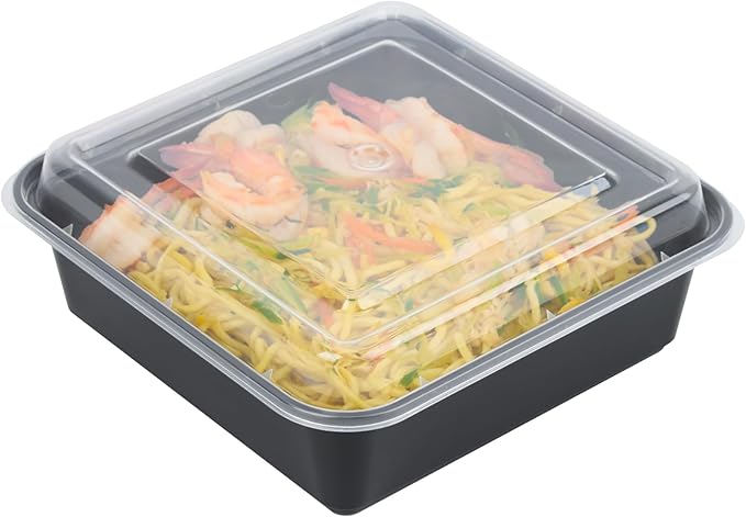 Restaurantware Take Out Containers 100 Pack of 32 oz with Clear Lids Microwave-Safe Disposable Plastic Food Storage Containers Stackable Greaseproof Black Meal Prep Square Single Compartment