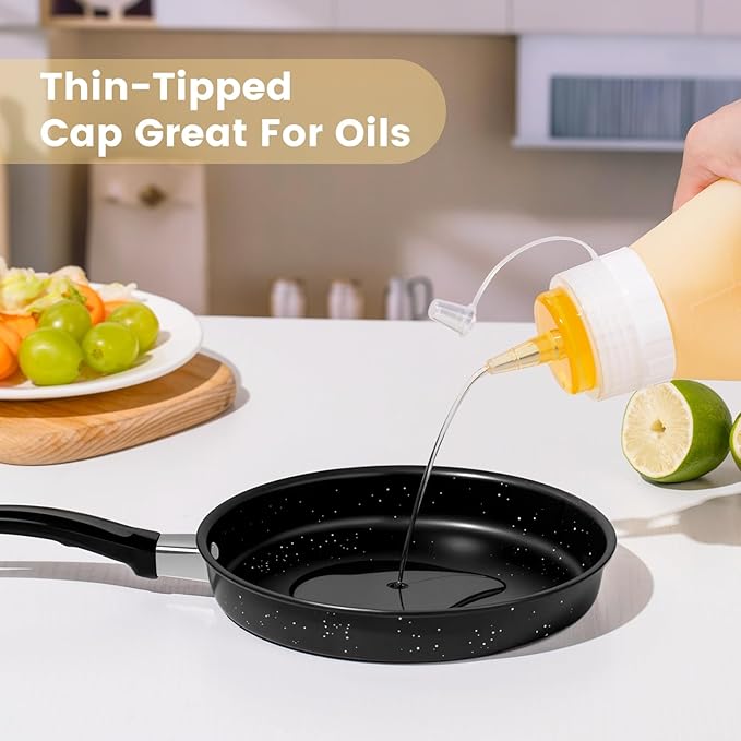 Condiment Squeeze Bottles, 16 oz Silicone Squeeze Bottles For Sauces, Leak Proof Condiment Containers with Extra Interchangeable lid, Easy Squeeze for Oil, Honey & Dressings, BPA FREE (4 Pack)