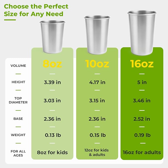 8 Pack 16oz Stainless Steel Cups, Stainless Steel Stacking Beer Pint Cups, Stainless Steel Water Tumbler for Home, Party, Camping, Outdoor, Stackable Drinking Glasses, Reusable, BPA Free