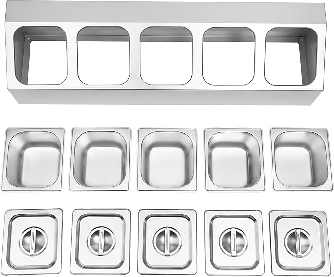5 Pan Spice Rack Shelf, Stainless Steel Seasoning Organizer with 5 1.5L Food Containers and Lids, Pizza Topping Station Organizer Inclined for Restaurants, Hot Pot and Fruit Shops, 33.86x8.86x8.66in
