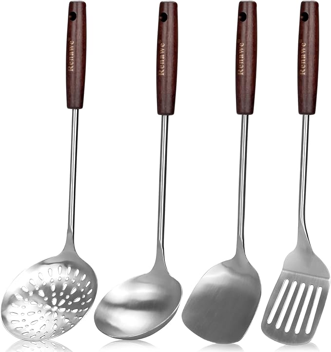 15 inch Large Spatula Slotted Turner Soup Ladle 304 Stainless Steel Wok Spatula Set Slotted Spoon for Cooking Utensils Set Long Wooden Handle Ladles Kitchen Metal Spatulas Cooking Spoons