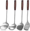 15 inch Large Spatula Slotted Turner Soup Ladle 304 Stainless Steel Wok Spatula Set Slotted Spoon for Cooking Utensils Set Long Wooden Handle Ladles Kitchen Metal Spatulas Cooking Spoons