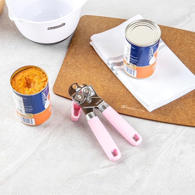 Restaurantware Comfy Grip 7.6 x 1.9 x 2.1 Inch Can Opener 1 Durable Manual Can Opener - Sharp Wheel Blade Grip Handle Pink Stainless Steel Hand-Held Can Opener Built-In Bottle Opener