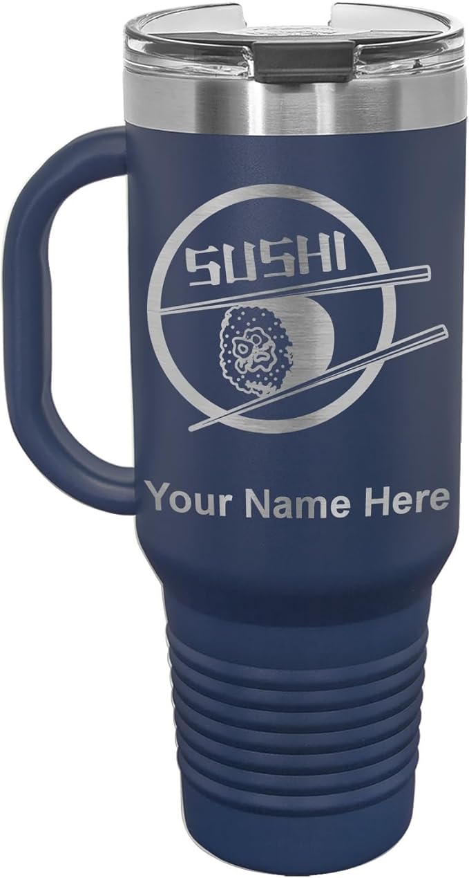 LaserGram 40oz Vacuum Insulated Travel Mug with Handle, Sushi, Personalized Engraving Included (Navy Blue)