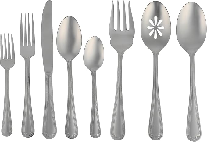 Gibson Home Sinta 87-Piece Stainless Steel Flatware Set with Bead Border Design – Service for 12 Plus Serving Utensils, Polished Silverware, Dishwasher Safe