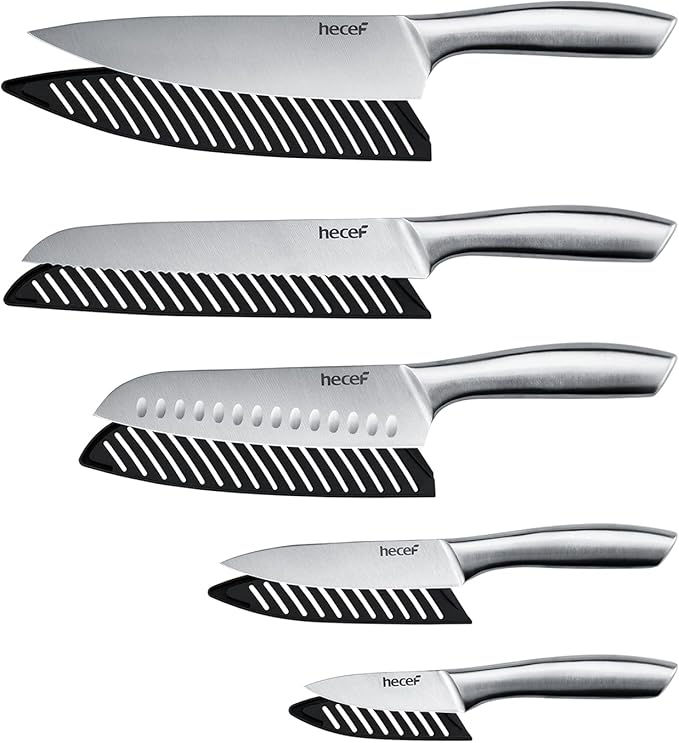 hecef Silver Kitchen knife set of 5, Satin Finish Blade with Hollow Handle, includes 8" Chef, 8" Bread, 8" Santoku, 5" Utility and 3.5" paring knife