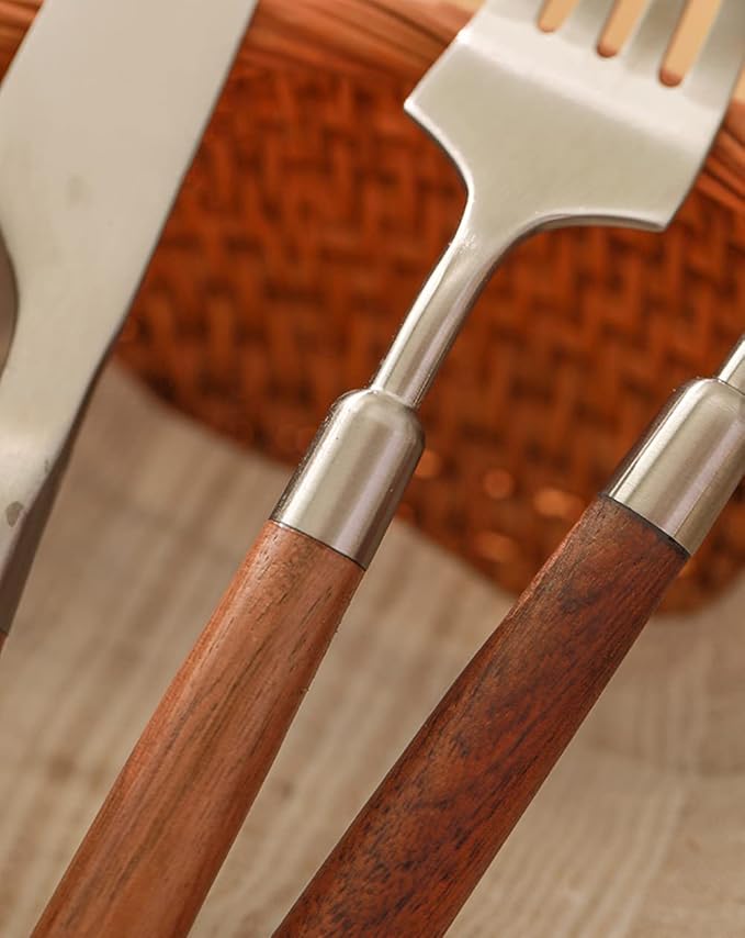 Wood Silverware Set for 14 - Wooden Flatware Cutlery Utensils 18/10 Stainless Steel Walnut Handle 56 Piece Include Knives Forks and Spoons Tableware for Home Kitchen Wedding Restaurant