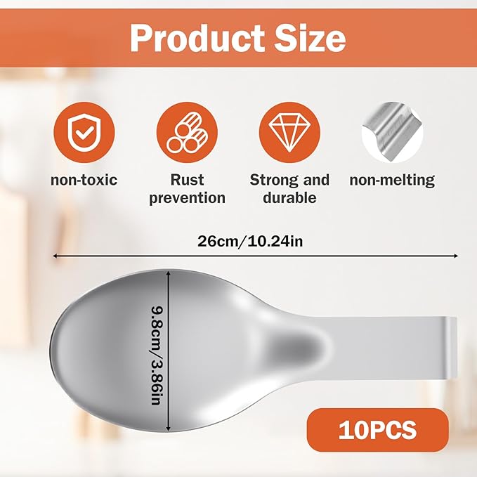 10 Pcs Stainless Steel Spoon Rest, Spatula Ladle Holder Utensil Spoon Rest for Stove Top/Countertop Heavy Duty Ladle Holder Dishwasher Safe for Kitchen Cooking Utensils, 10.24 x 3.86 Inch (Silver)