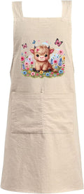 Cotton Linen Apron Non-tie Cross Back Kitchen Apron with Pockets Soft Comfortable Durable for Cooking Baking Gardening (Khaki,Highland Cattle)