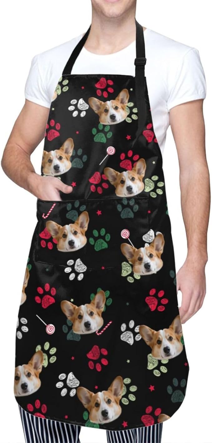 Custom Dog Face Apron for Men Women, Personalized Photo Bib Apron with Pockets, Customized Chef Aprons