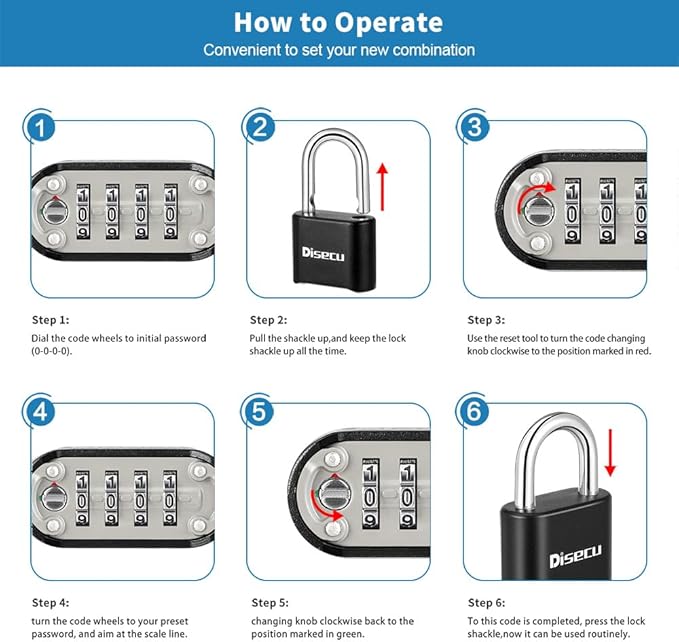 1 Pack disecu Heavy Duty 4 Digit Combination Lock, Anti-Error Feature, Outdoor Waterproof Padlock for School Gym Locker, Fence, Gate, Hasp Storage, Toolbox (Black)