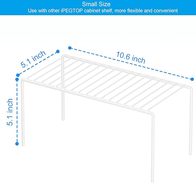 iPEGTOP Set of 6 Kitchen Cupboard Organiser Shelf, Small Size 10.6 x 5.1 Inch Freezer Cabinet Organization Storage Shelf Wire Rack, Steel Metal Shelves for Fridge Pantries Countertops Utensils -White