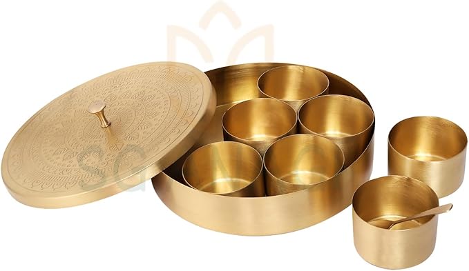 Brass Round Spice Box Masala Dabba-Spice Box Set With Spoon Container 90 ML Indian Masaladanni for Kitchen Counter 8 Inch With Spoon (Mandala,8 Inch)