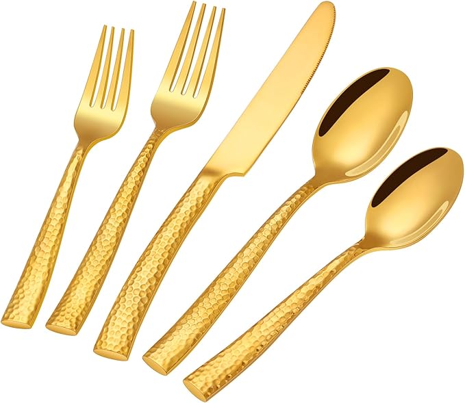 Silverware Set,Ollex 40-Piece Hammered Gold Flatware Cutlery Set for 8 Mirror Finished with Anti-rust stainless steel Spoon Knives Forks for Kitchen Hotel Party Modern Utensil Sets, Dishwasher Safe