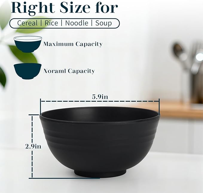 Cereal Bowls 26 OZ, Unbreakable Wheat Straw Bowl 8 PCS, Reusable Plastic Bowl Set, Microwave and Dishwasher Safe Kitchen bowls for Serving, Dinner, Soup, Snack, Fruit - Black