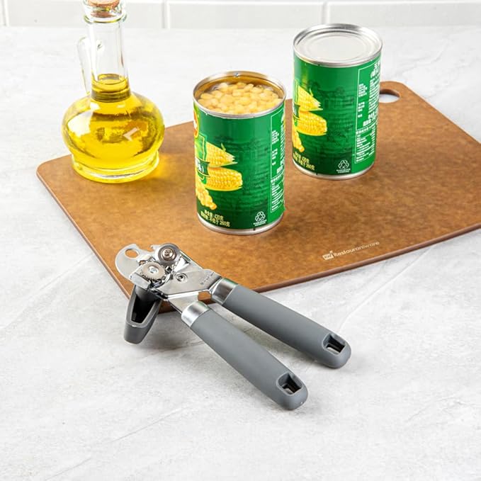 Restaurantware Comfy Grip 7.6 x 1.9 x 2.1 Inch Can Opener 1 Durable Manual Can Opener - Sharp Wheel Blade Grip Handle Gray Stainless Steel Hand-Held Can Opener Built-In Bottle Opener