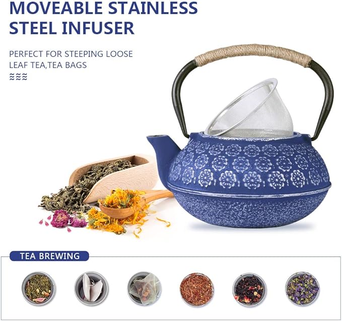 Ufine Blue Floral Cast Iron Teapot Set Japanese Style Tetsubin Tea Kettle with 4 Cups, Stainless Steel Infuser for Stove Top Tea Brewing 28 oz