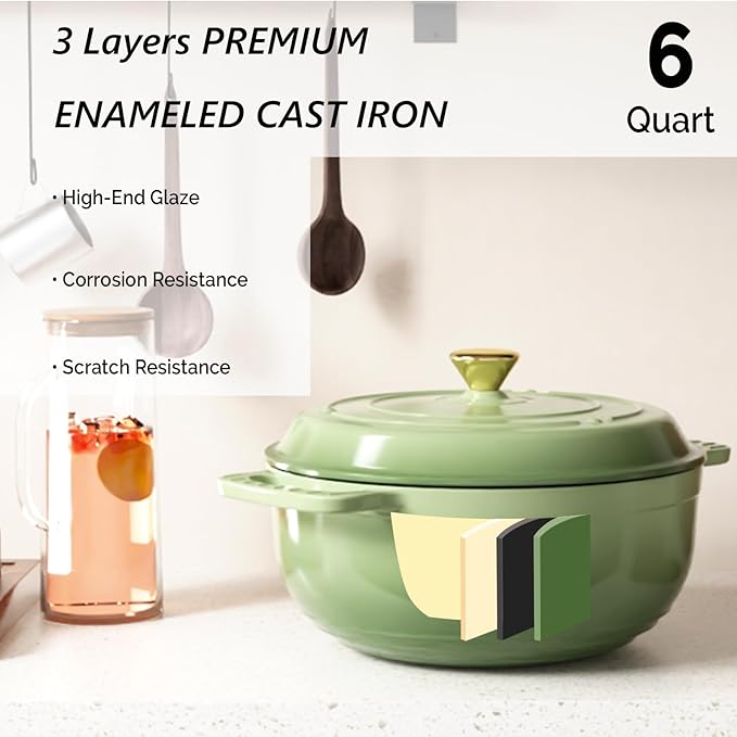 VINGLI 6QT Enameled Cast Iron Round Dutch Oven Pot with Lid, NonStick Casserole Pot with Dual Handles & Silicone GlovesRed, Oven Safe up to 500°F or on Stovetop, Dutch Oven for Bread Baking, Green