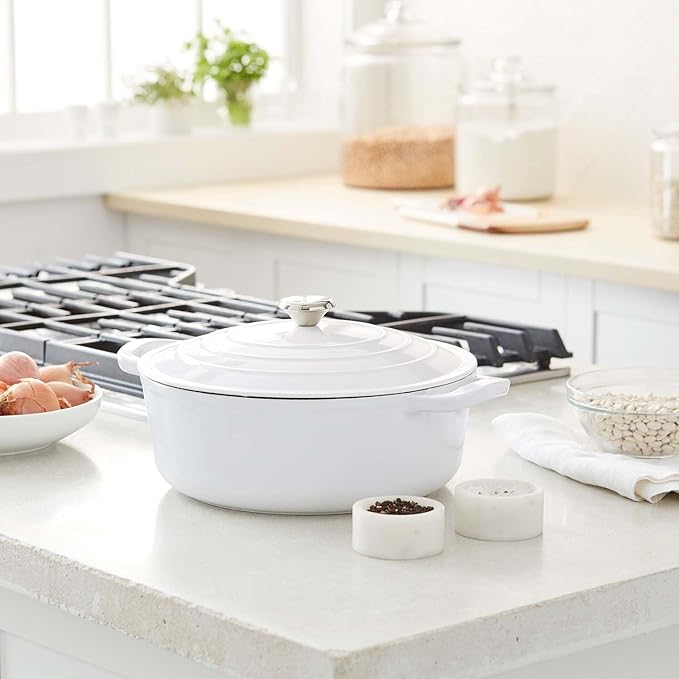 Sur La Table 7-Qt Enameled Cast Iron Dutch Oven – With Lid for Braising, Baking & Deep Frying, Induction Compatible, Oven to 500°F, Seals in Moisture for Flavorful Results, White