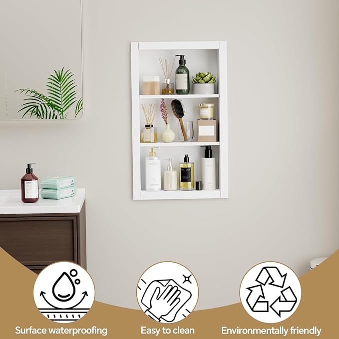 14'' * 24'' Recessed Medicine Cabinet Wall Niche Wood, 3-Tier Bathroom Niche Insert for Drywall, in Wall Shelf Medicine Cabinets Replacement, for Living Room, Bathroom Storage, White