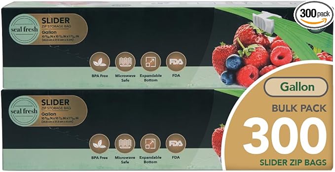 Gallon Slider Storage Bags 300 Pack — Reusable Freezer Bags with Expandable Bottom, BPA Free, Microwave Safe, Clear Gallon Food Storage Bags