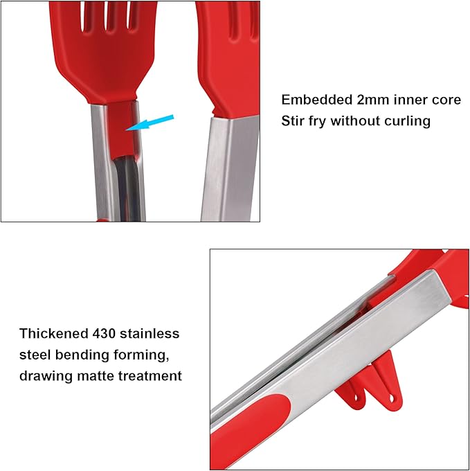 4in1 Stainless Steel Kitchen Food Tongs Set for Cooking with Silicone Tips, Toaster Steak Pie Pizza Pasta Spaghetti Noodles Salad Fruit Vegetable Grill BBQ Buffet Clamp Serving Tools Gadgets
