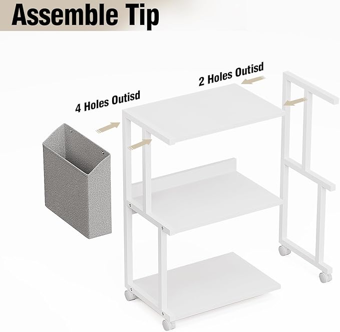 Ostreeful 3 Tier Printer Stand Printer Mobile Wooden Printer Shelf Table Organizer for Home Office Kitchen (Modern White)